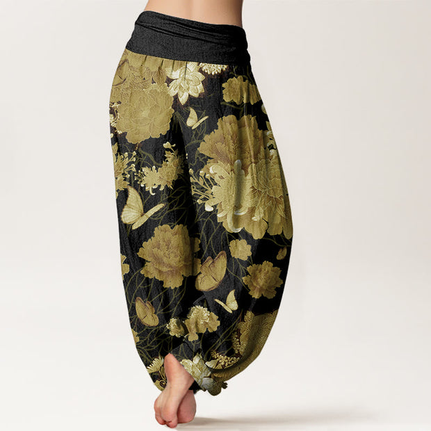 Buddha Stones Peony Flowers Pattern Women's Elastic Waist Harem Pants