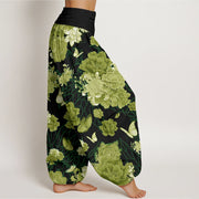 Buddha Stones Peony Flowers Pattern Women's Elastic Waist Harem Pants