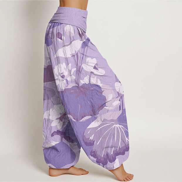 Buddha Stones Lotus Leaves Design Women's Elastic Waist Harem Pants