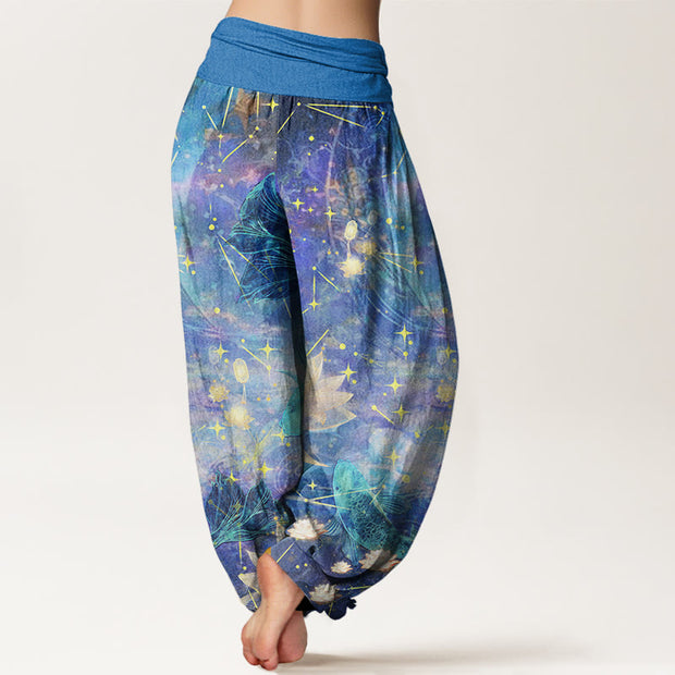 Buddha Stones Cotton Koi Fish Lotus Moon Stars Pattern Women's Elastic Waist Harem Pants - image 2