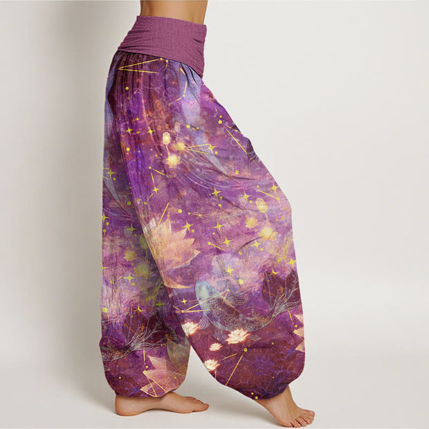 Buddha Stones Koi Fish Lotus Moon Stars Pattern Women's Elastic Waist Harem Pants