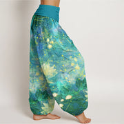 Buddha Stones Koi Fish Lotus Moon Stars Pattern Women's Elastic Waist Harem Pants