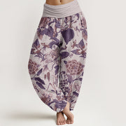 Buddha Stones Lotus Leaf Peony Pattern Women's Elastic Waist Harem Pants