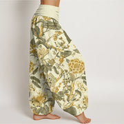 Buddha Stones Lotus Leaf Peony Pattern Women's Elastic Waist Harem Pants