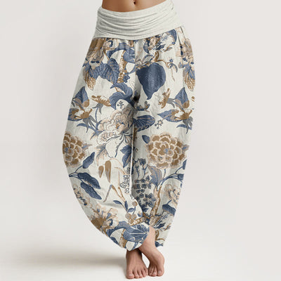 Buddha Stones Lotus Leaf Peony Pattern Women's Elastic Waist Harem Pants