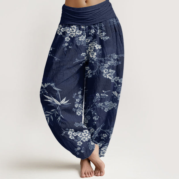 Buddha Stones White Sakura Flower Pattern Women's Elastic Waist Harem Pants