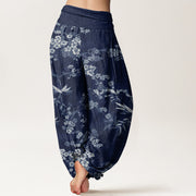 Buddha Stones White Sakura Flower Pattern Women's Elastic Waist Harem Pants