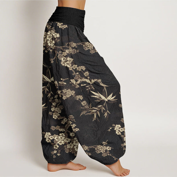 Buddha Stones White Sakura Flower Pattern Women's Elastic Waist Harem Pants