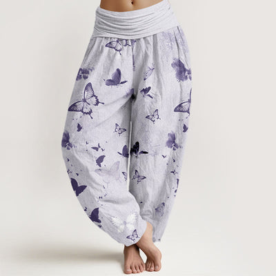 Buddha Stones Casual Butterfly Ink Painting Women's Elastic Waist Harem Pants