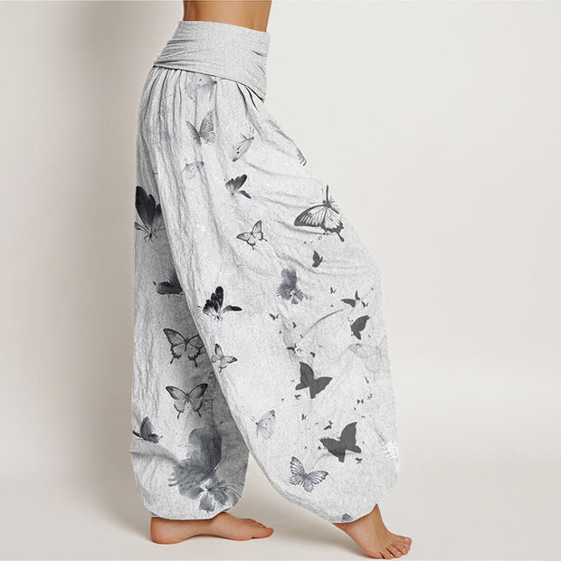 Buddha Stones Casual Butterfly Ink Painting Women's Elastic Waist Harem Pants