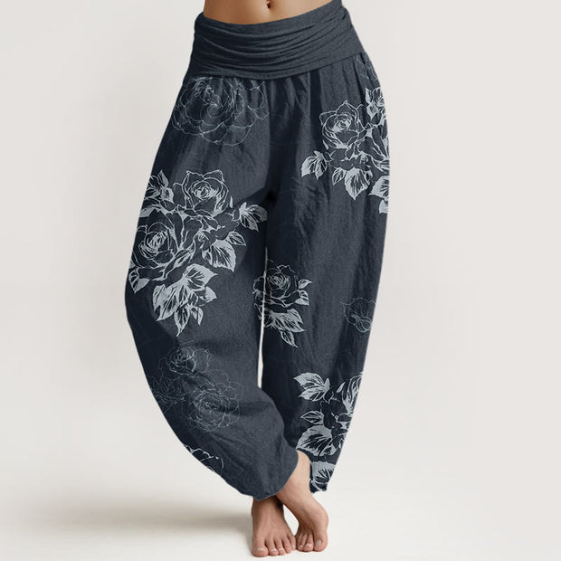 Buddha Stones Casual Rose Peony Flowers Women's Elastic Waist Harem Pants