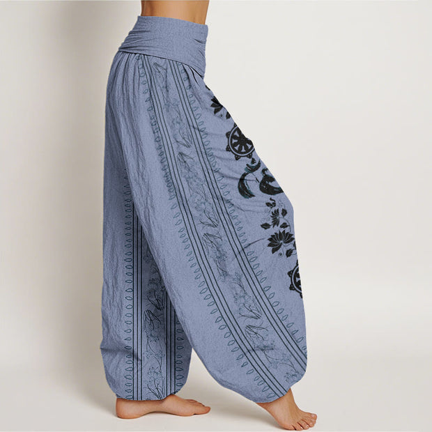 Buddha Stones Dharma Wheel Lotus OM Pattern Women's Elastic Waist Harem Pants