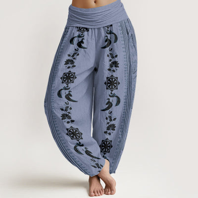 Buddha Stones Dharma Wheel Lotus OM Pattern Women's Elastic Waist Harem Pants