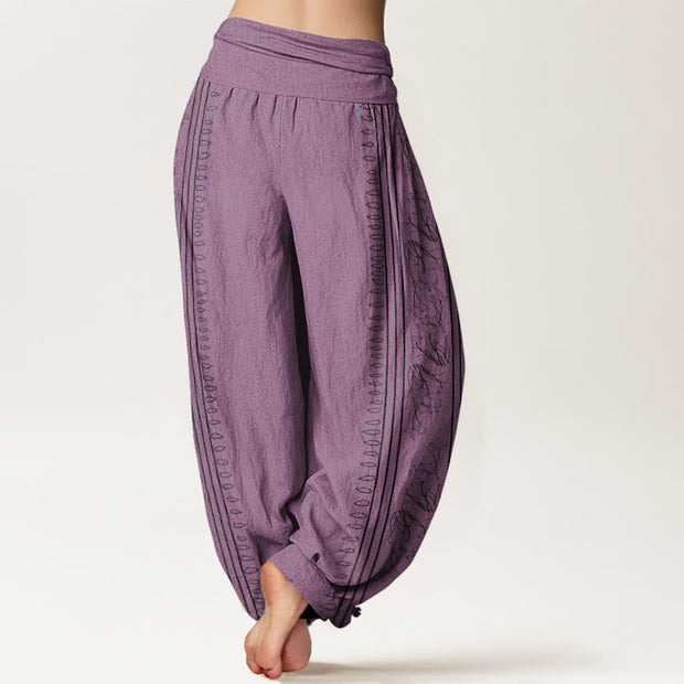 Buddha Stones Dharma Wheel Lotus OM Pattern Women's Elastic Waist Harem Pants