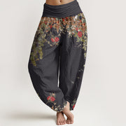 Buddha Stones Casual Red Peony Flower Vine Design Women's Elastic Waist Harem Pants