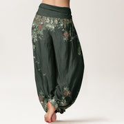 Buddha Stones Casual Red Peony Flower Vine Design Women's Elastic Waist Harem Pants