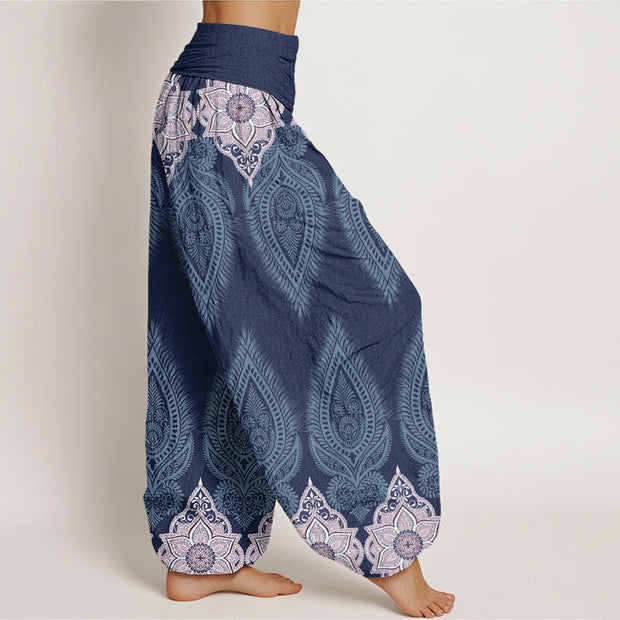 Buddha Stones Casual Feather Flower Design Women's Elastic Waist Harem Pants