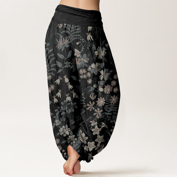 Buddha Stones Casual Daisy Flowers Leaves Design Women's Elastic Waist Harem Pants