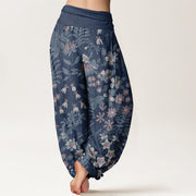 Buddha Stones Casual Daisy Flowers Leaves Design Women's Elastic Waist Harem Pants