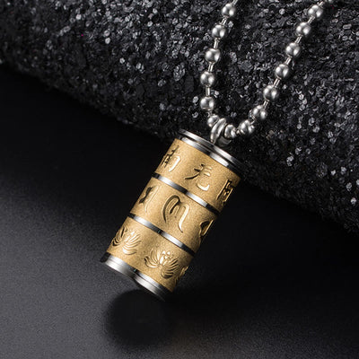 Buddha Stones Tibetan Om Mani Padme Hum Lotus Pattern Prayer Wheel Titanium Steel Peace Necklace Pendant Necklaces & Pendants BS All Golden