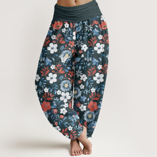 Buddha Stones Casual Red White Flower Dandelion Design Women's Elastic Waist Harem Pants