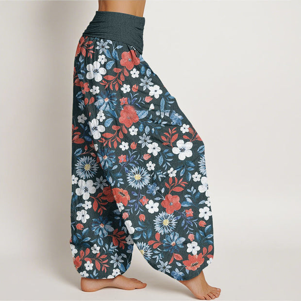 Buddha Stones Casual Red White Flower Dandelion Design Women's Elastic Waist Harem Pants