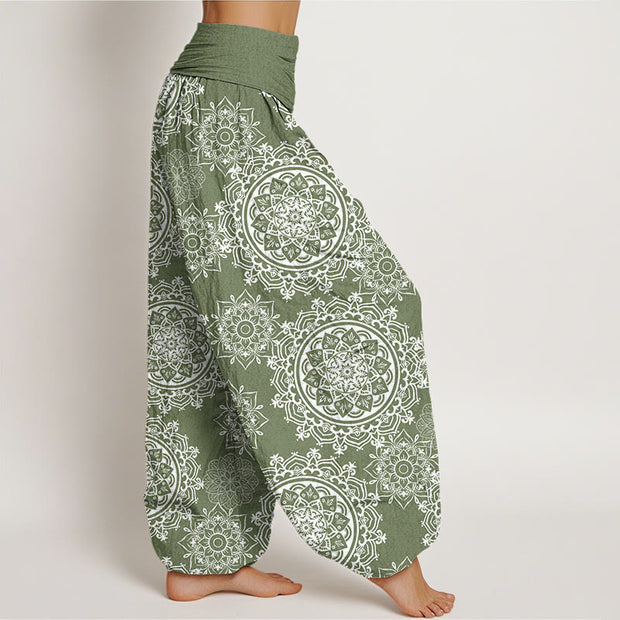 Buddha Stones Casual White Mandala Flower Design Women's Elastic Waist Harem Pants