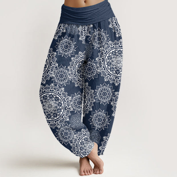 Buddha Stones Casual White Mandala Flower Design Women's Elastic Waist Harem Pants