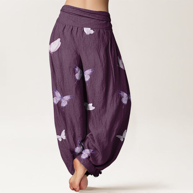 Buddha Stones Butterfly Pattern Women's Elastic Waist Harem Pants