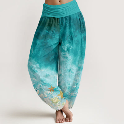 Buddha Stones Vast Ocean Pattern Women's Elastic Waist Harem Pants - LightSeaGreen - US22，UK/AU26，EU54 (6XL) - image 1