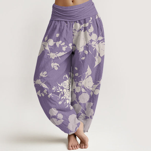 Buddha Stones Blooming Budding Flowers Pattern Women's Elastic Waist Harem Pants