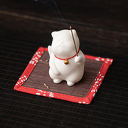 Buddha Stones Cat Bell Bamboo Mat Healing Ceramic Incense Burner Desk Decoration Incense Burner & Tea Pet BS 3