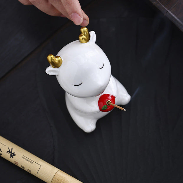 Buddha Stones Cute Deer Holder Healing Ceramic Incense Burner Desk Decoration Incense Burner & Tea Pet BS 5