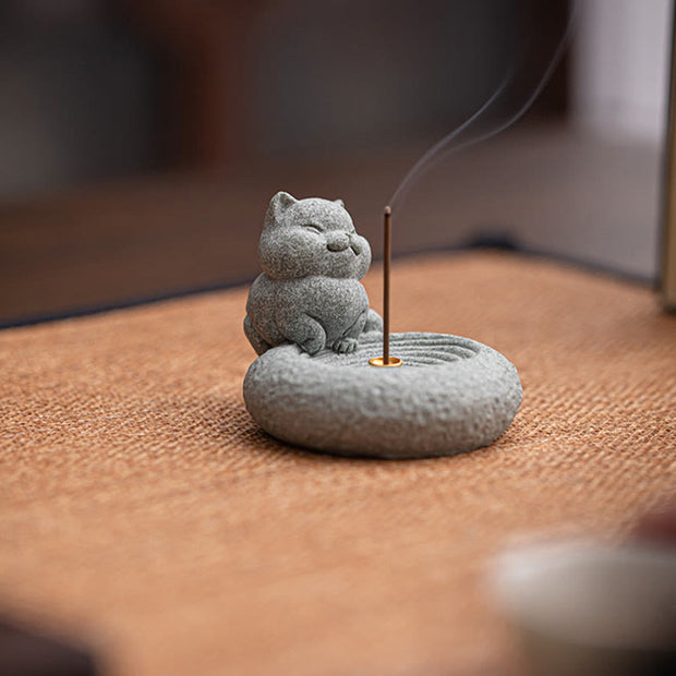 Buddha Stones Cute Lazy Standing Cat Healing Incense Burner Desk Decoration Incense Burner BS 3