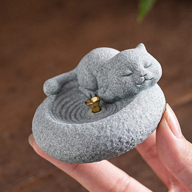 Buddha Stones Cute Lazy Standing Cat Healing Incense Burner Desk Decoration