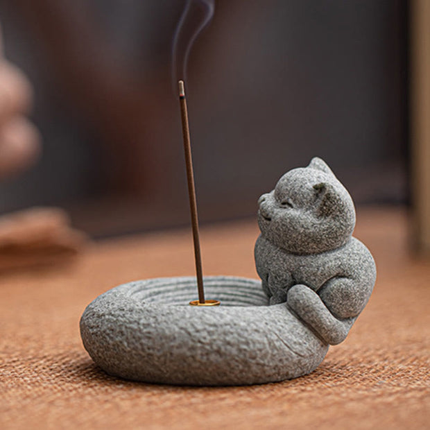 Buddha Stones Cute Lazy Standing Cat Healing Incense Burner Desk Decoration Incense Burner BS 5