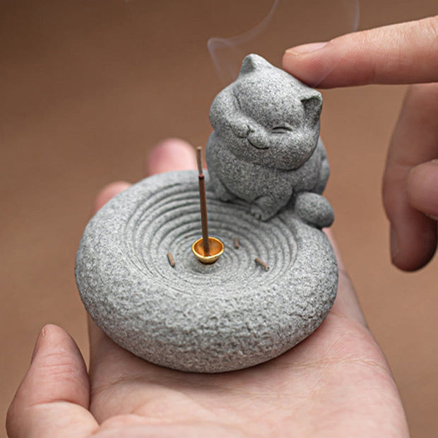 Buddha Stones Cute Lazy Standing Cat Healing Incense Burner Desk Decoration Incense Burner BS 7