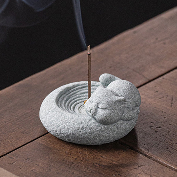 Buddha Stones Cute Lazy Standing Cat Healing Incense Burner Desk Decoration Incense Burner BS 18