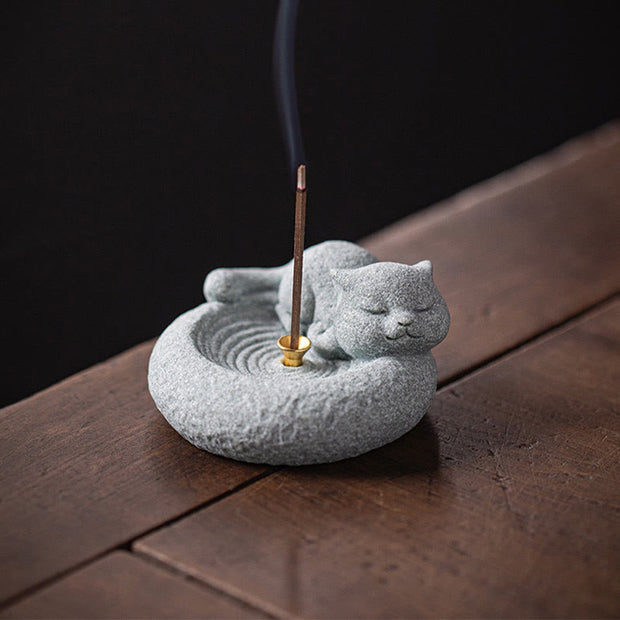 Buddha Stones Cute Lazy Standing Cat Healing Incense Burner Desk Decoration