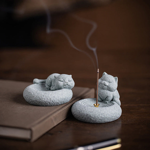 Buddha Stones Cute Lazy Standing Cat Healing Incense Burner Desk Decoration Incense Burner BS Standing Cat 7.6*6.5*5.3cm