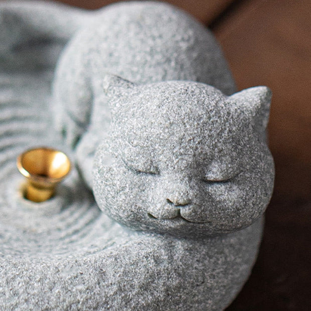 Buddha Stones Cute Lazy Standing Cat Healing Incense Burner Desk Decoration