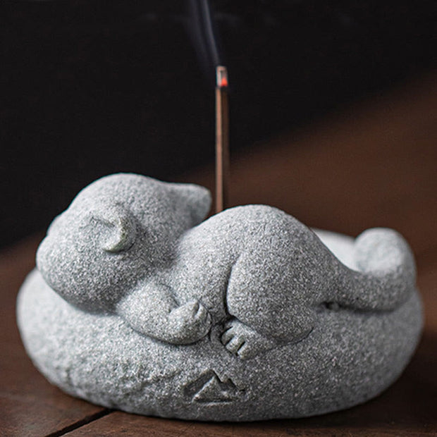 Buddha Stones Cute Lazy Standing Cat Healing Incense Burner Desk Decoration