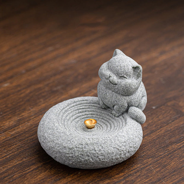 Buddha Stones Cute Lazy Standing Cat Healing Incense Burner Desk Decoration Incense Burner BS 6