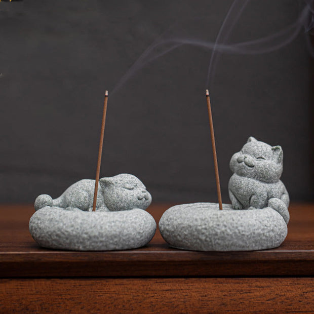 Buddha Stones Cute Lazy Standing Cat Healing Incense Burner Desk Decoration Incense Burner BS 1