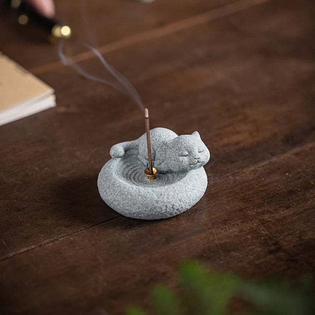 Buddha Stones Cute Lazy Standing Cat Healing Incense Burner Desk Decoration Incense Burner BS 17