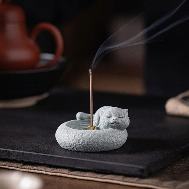 Buddha Stones Cute Lazy Standing Cat Healing Incense Burner Desk Decoration Incense Burner BS 14