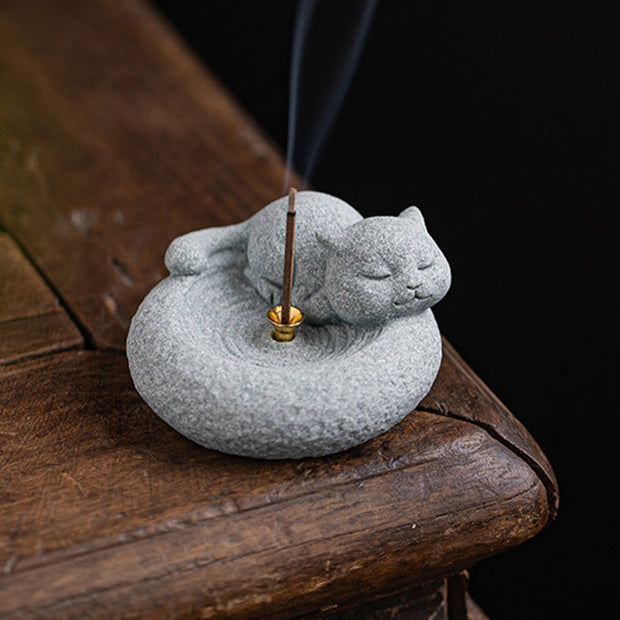 Buddha Stones Cute Lazy Standing Cat Healing Incense Burner Desk Decoration Incense Burner BS 22