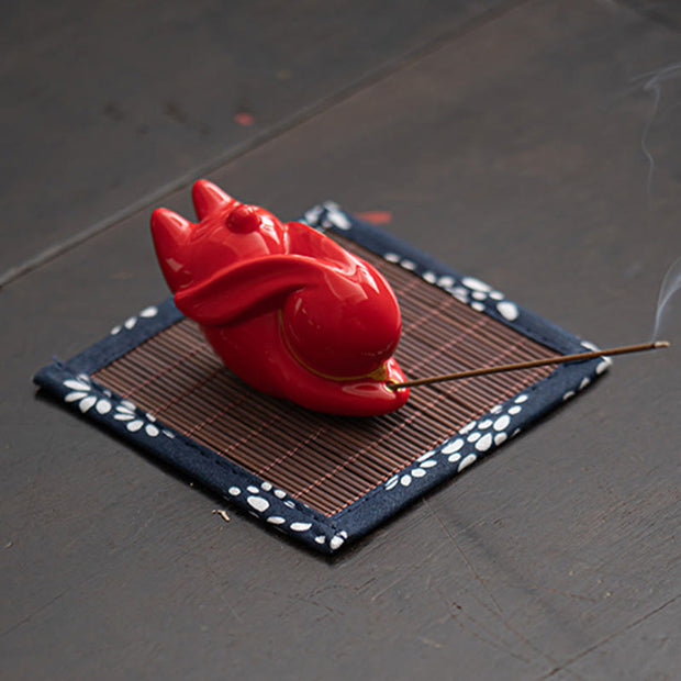 Buddha Stones Flying Rabbit Bamboo Mat Healing Ceramic Incense Burner Desk Decoration Incense Burner BS 10