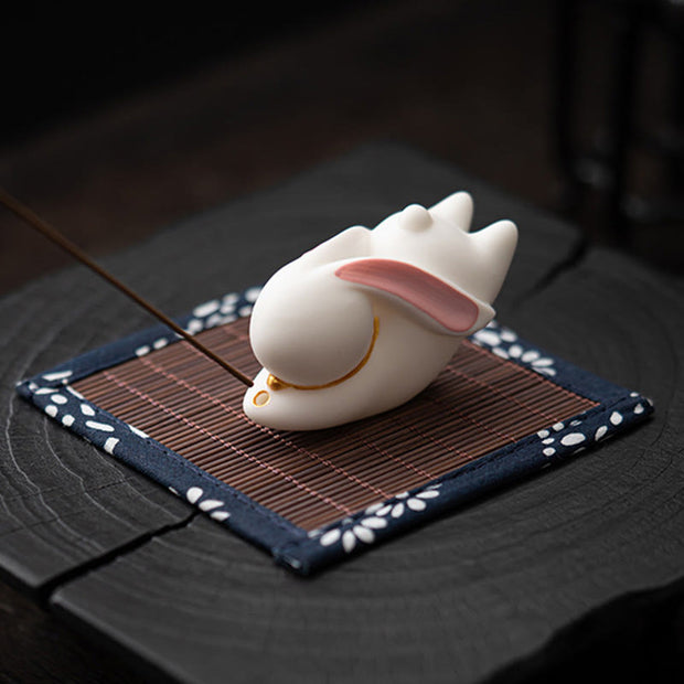 Buddha Stones Flying Rabbit Bamboo Mat Healing Ceramic Incense Burner Desk Decoration Incense Burner BS 5