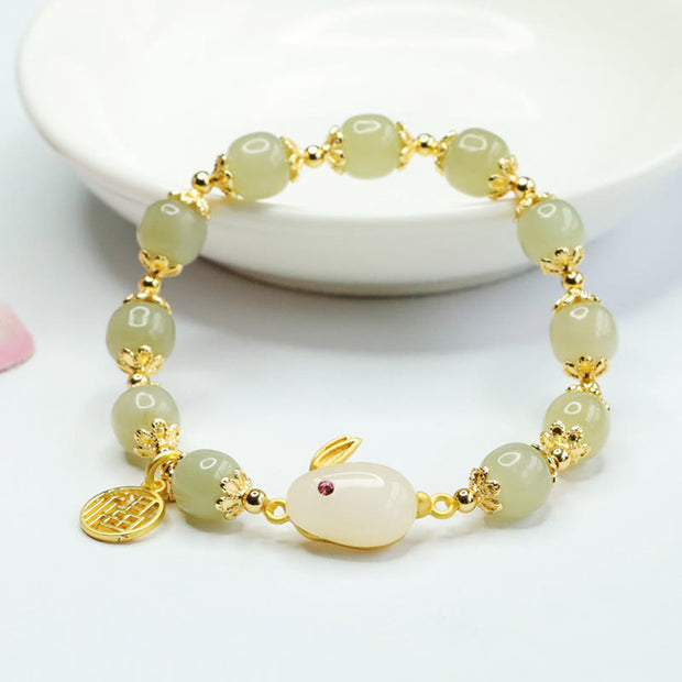 Buddha Stones Natural Hetian Jade Fu Character Fu Brand Rabbit Abundance Bracelet